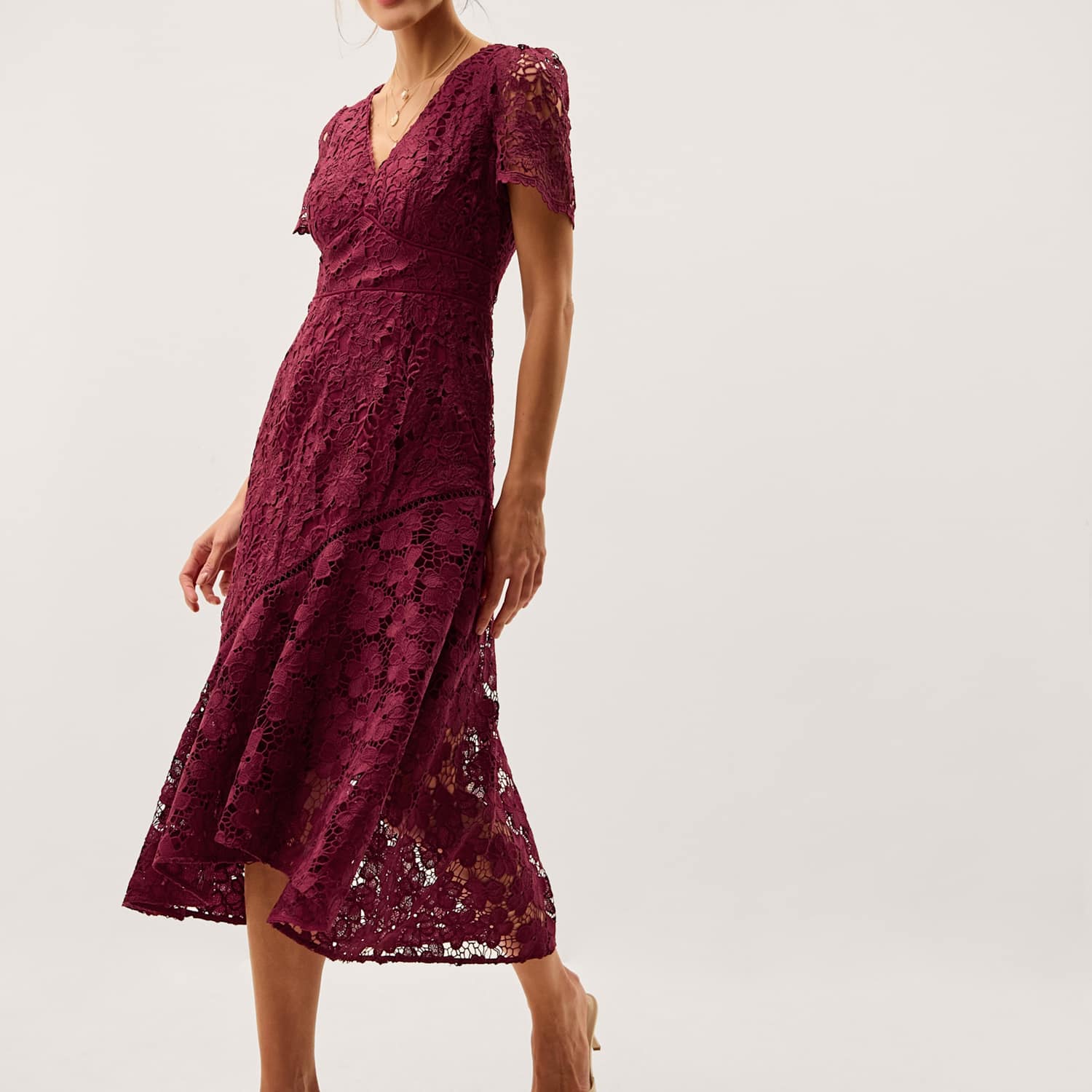 Monsoon Women's Lace V-Neck Midi Skater Dress - 14 - Burgundy - Available at M&S
