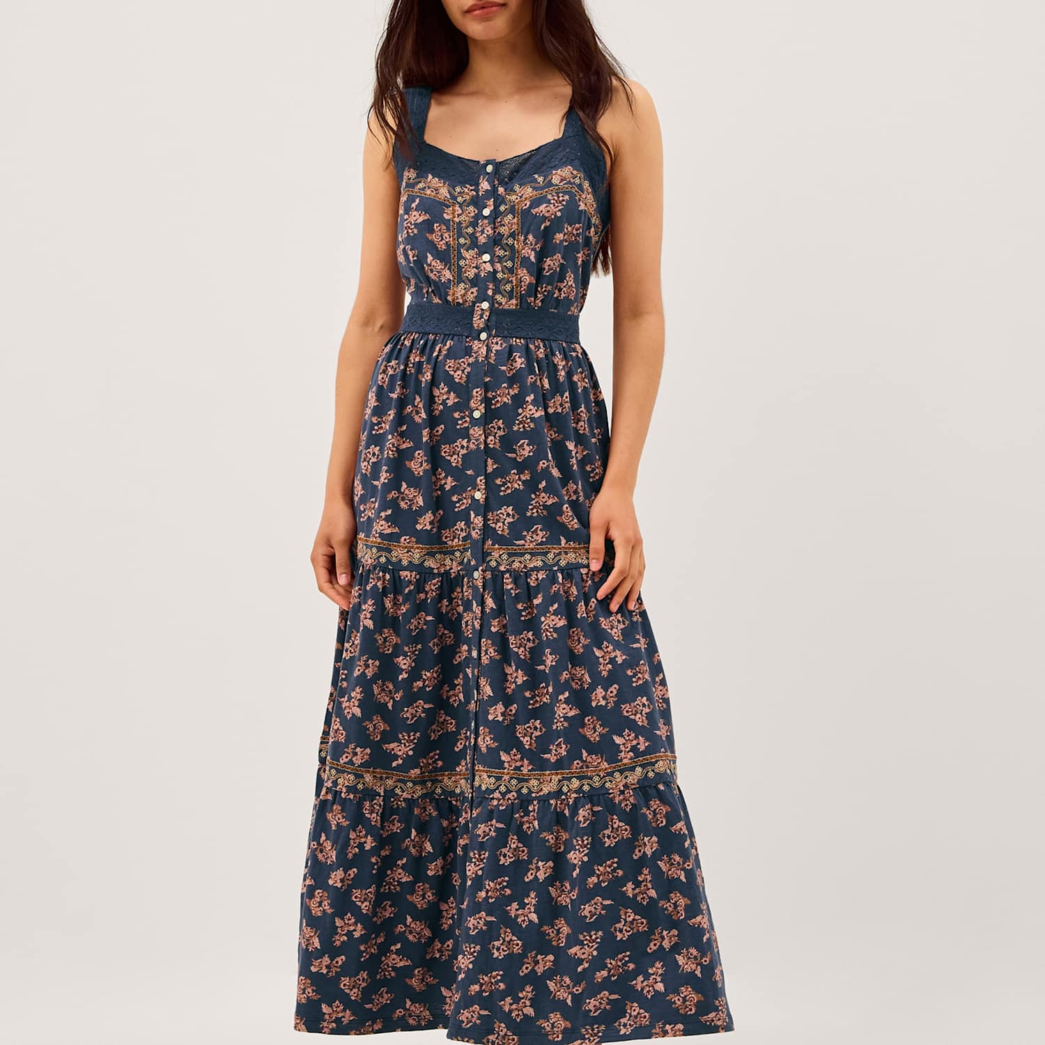 Monsoon Women's Pure Cotton Floral Midi Tiered Dress - Medium - Navy Mix - Available at M&S