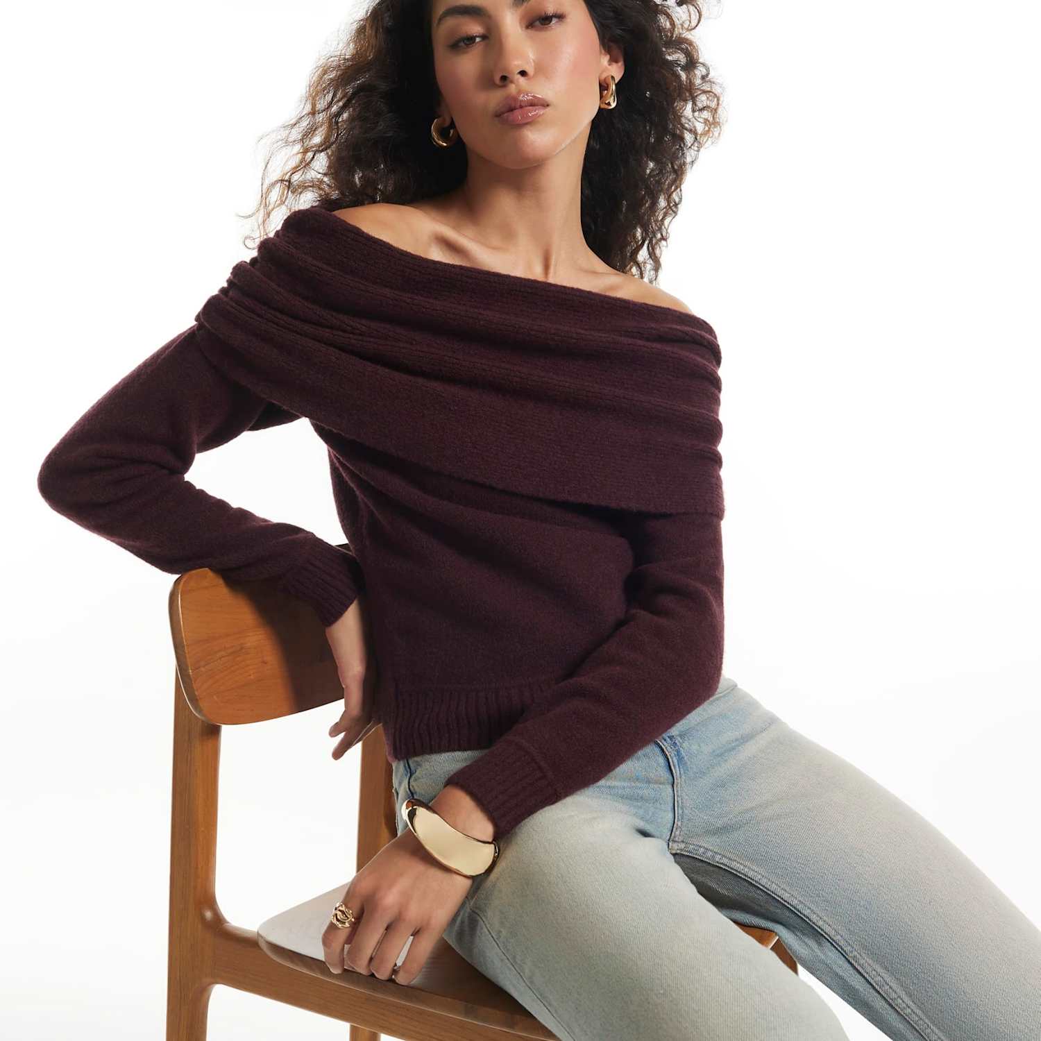 River Island Women's Gathered Shoulder Bardot Jumper with Wool - Large - Burgundy - Available at M&S