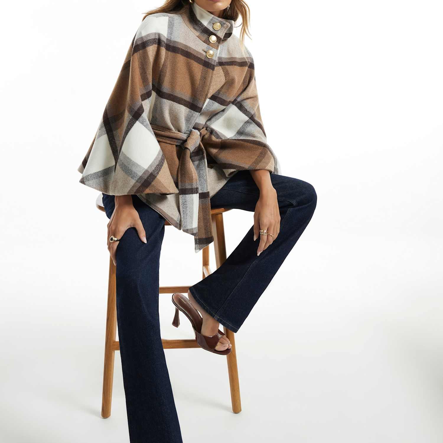 River Island Women's Checked Belted Funnel Neck Coat - Medium-Large - Beige Mix - Available at M&S