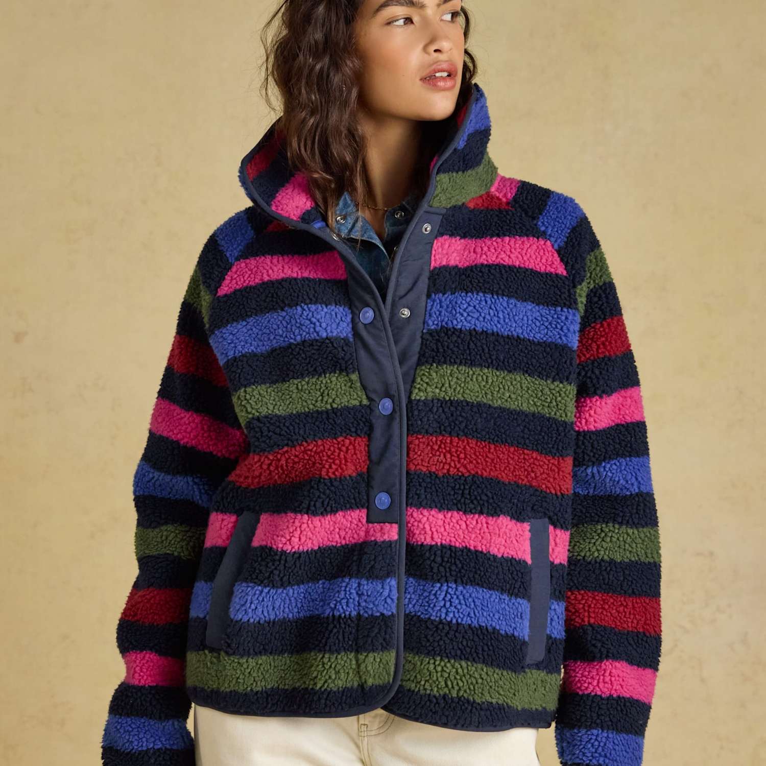 Joules Women's Borg Striped Funnel Neck Jacket - 22 - Navy Mix - Available at M&S