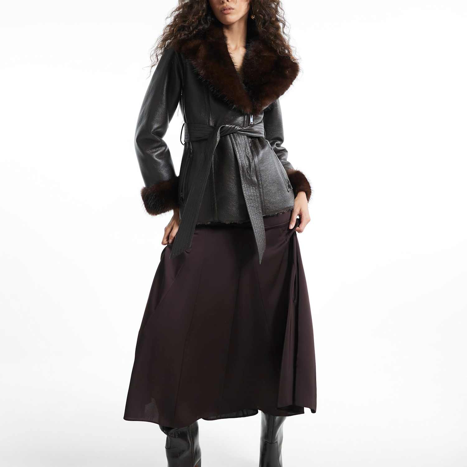 River Island Women's Mid Length Belted Faux Leather Shearling Aviator Coat - 10 - Brown - Available at M&S