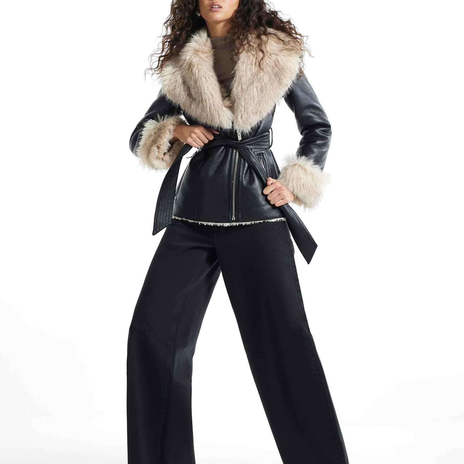 River Island Women's Mid Length Belted Faux Leather Shearling Aviator Coat - 8 - Black - Available at M&S