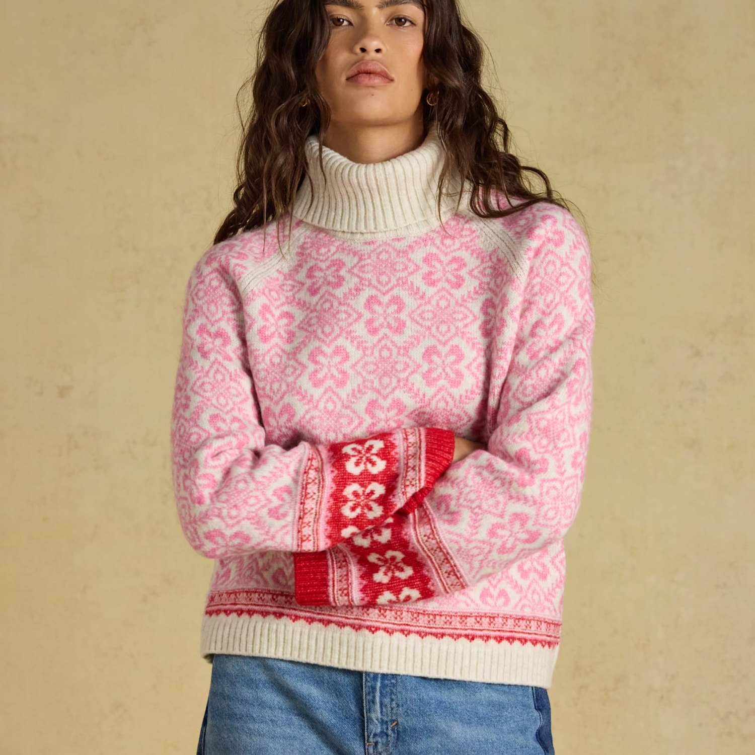 Joules Women's Patterned Roll Neck Jumper - Medium - Pink Mix - Available at M&S