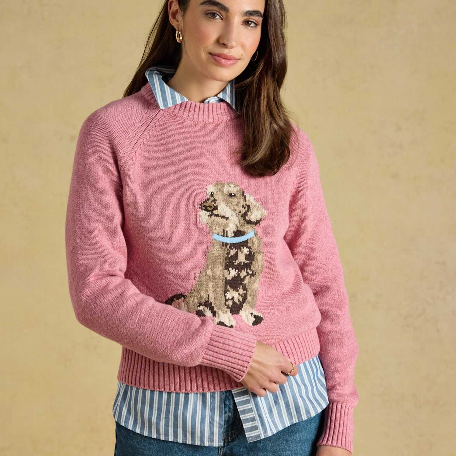 Joules Women's Cotton Rich Dachshund Intarsia Jumper with Wool - Extra Large - Pink Mix - Available at M&S