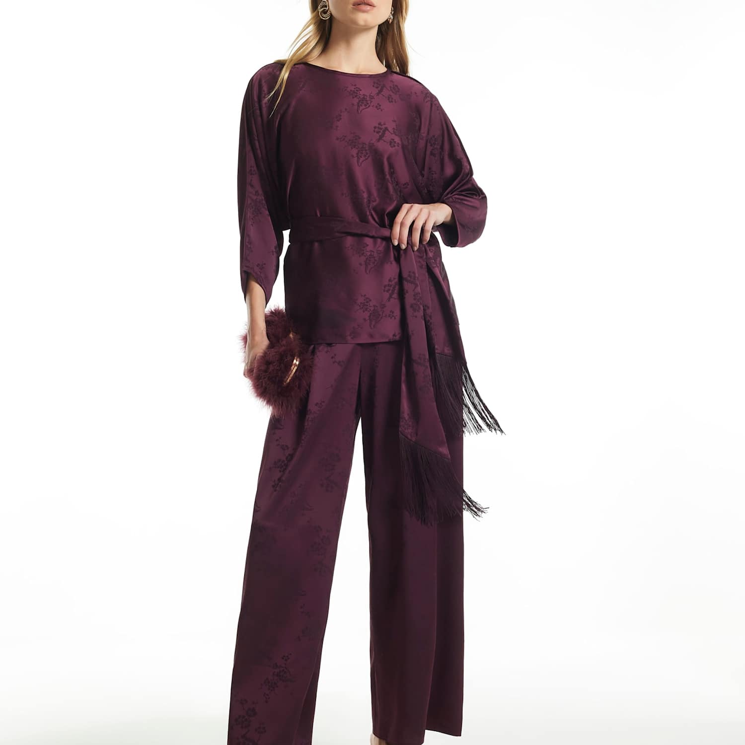 River Island Women's Satin Jacquard Wide Leg Trousers - 10 - Burgundy - Available at M&S
