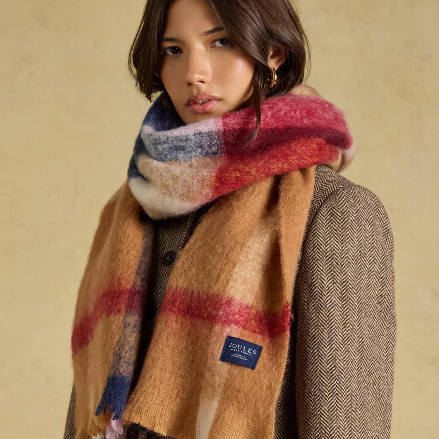 Joules Women's Brushed Checked Tassel Scarf - Brown Mix - Available at M&S