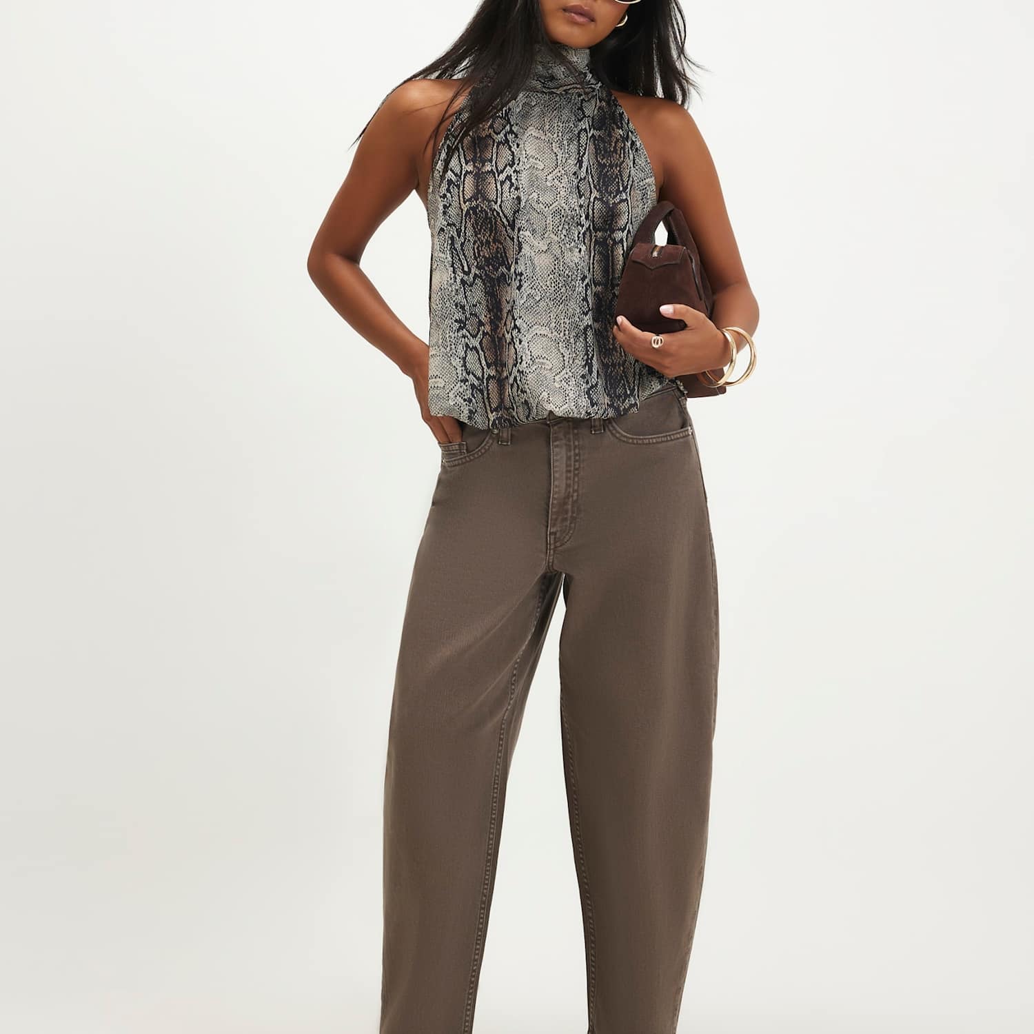 River Island Women's Petite Mid Rise Barrel Jeans - 16 - Brown - Available at M&S