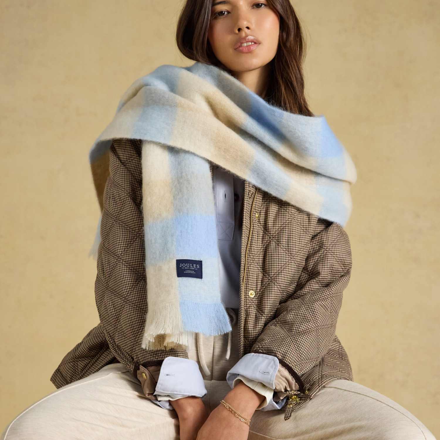Joules Women's Brushed Gingham Tassel Scarf - Blue Mix - Available at M&S