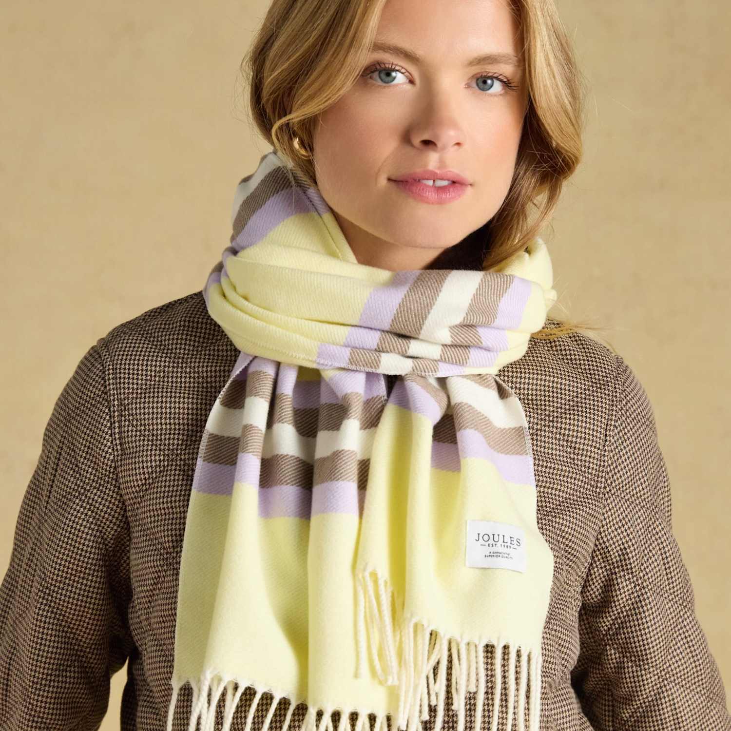 Joules Women's Knitted Striped Oversized Tassel Scarf - Purple Mix - Available at M&S