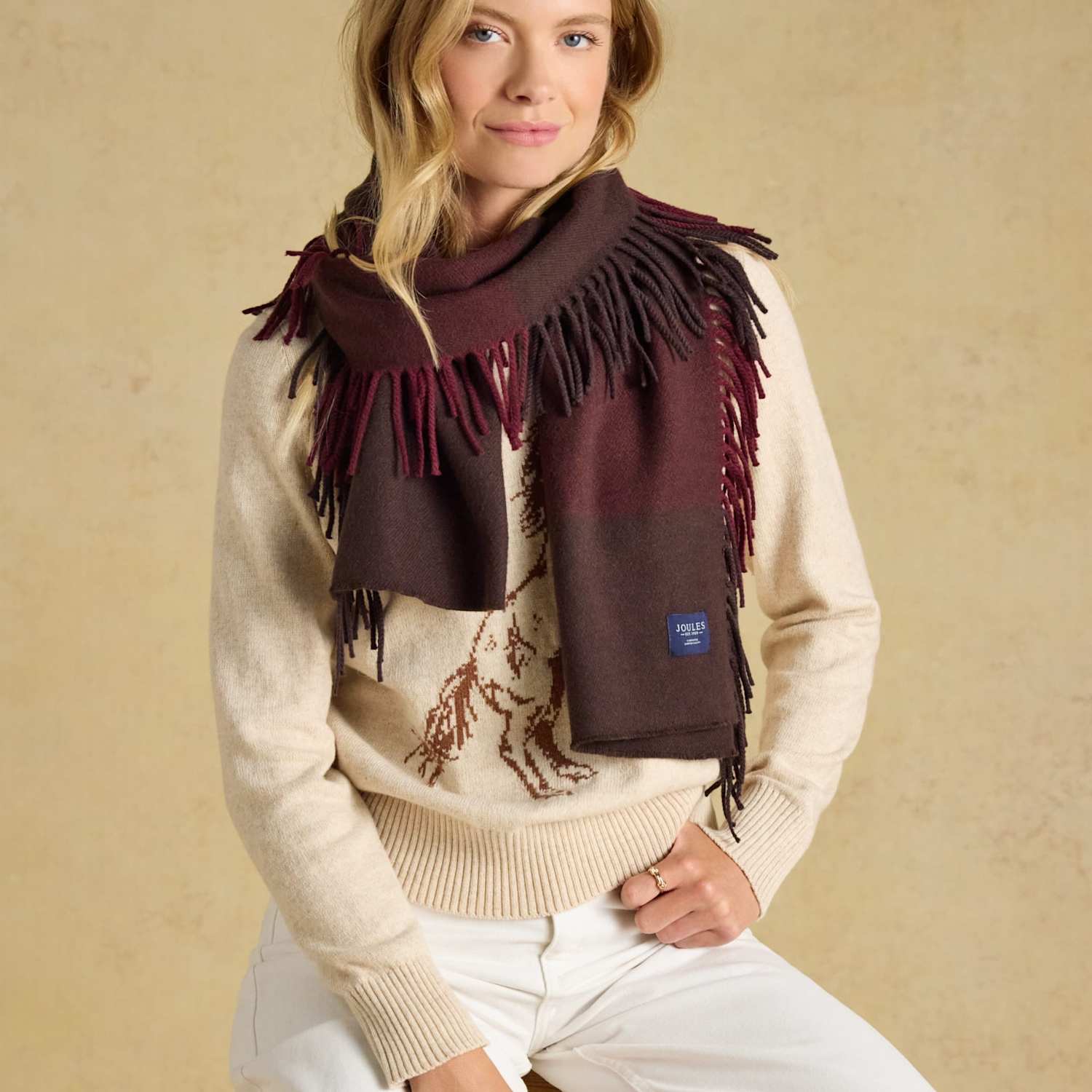 Joules Women's Knitted Checked Oversized Tassel Scarf - Brown Mix - Available at M&S