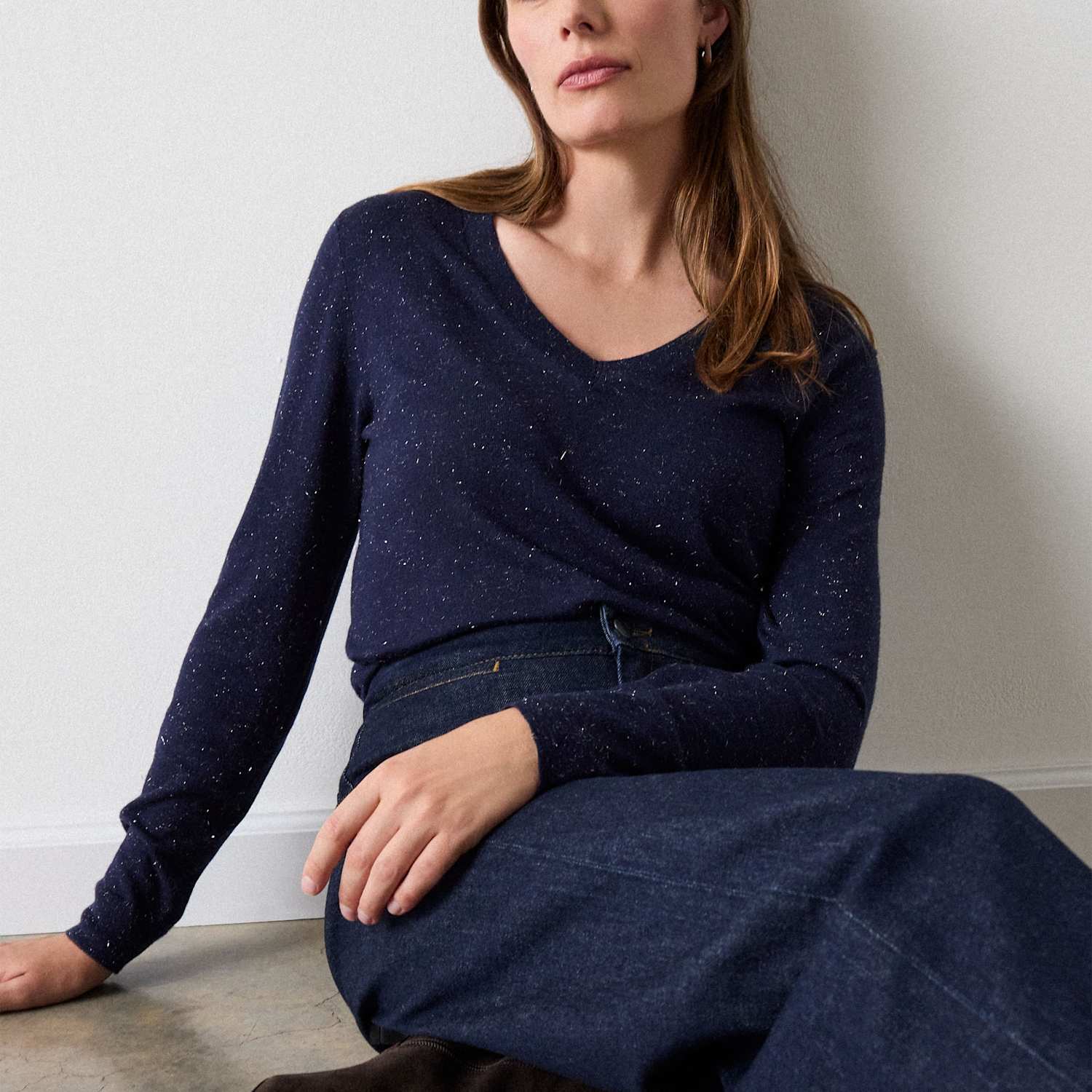 Whistles Women's Sparkly V Neck Jumper - 12 - Navy Mix - Available at M&S