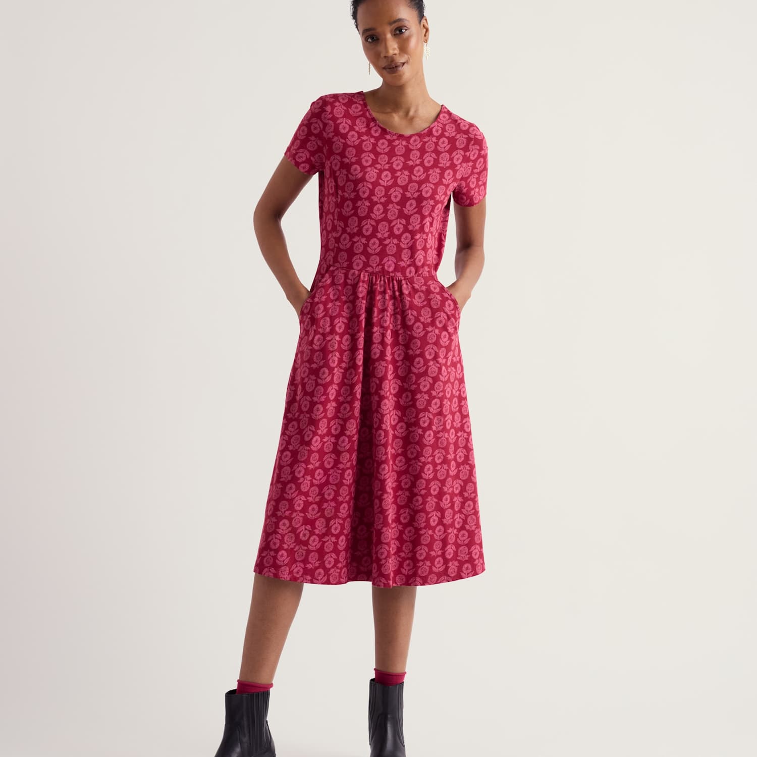 Seasalt Cornwall Women's Jersey Floral Midi Skater Dress - 14 - Red Mix - Available at M&S