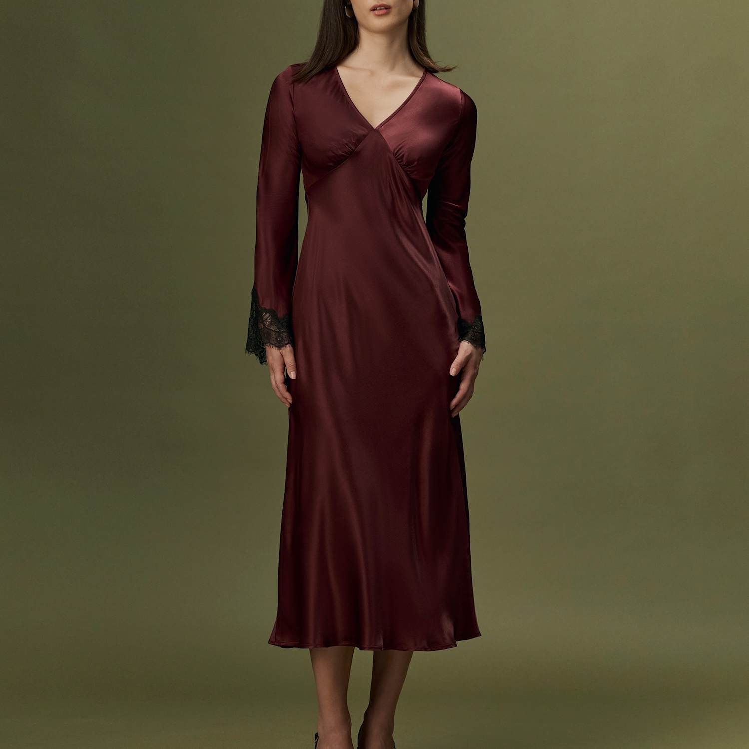 Ghost Women's Satin V-Neck Lace Insert Midi Dress - 12 - Burgundy - Available at M&S