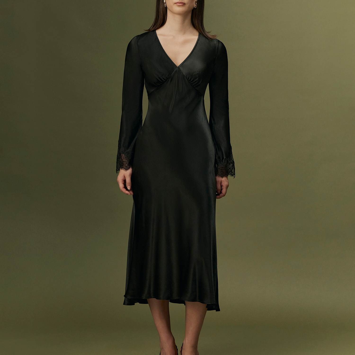 Ghost Women's Satin V-Neck Lace Insert Midi Dress - 10 - Black - Available at M&S
