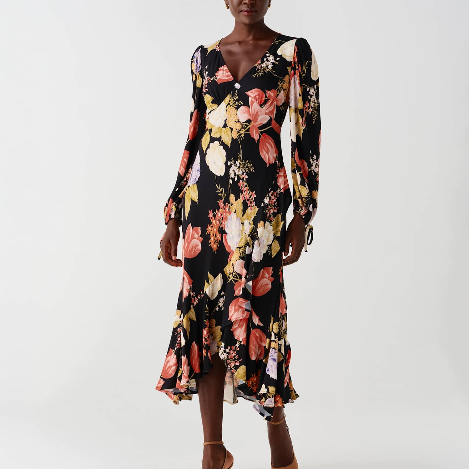 Ghost Women's Satin Floral V Neck Frill Hem Midi Dress - 12 - Black Mix - Available at M&S