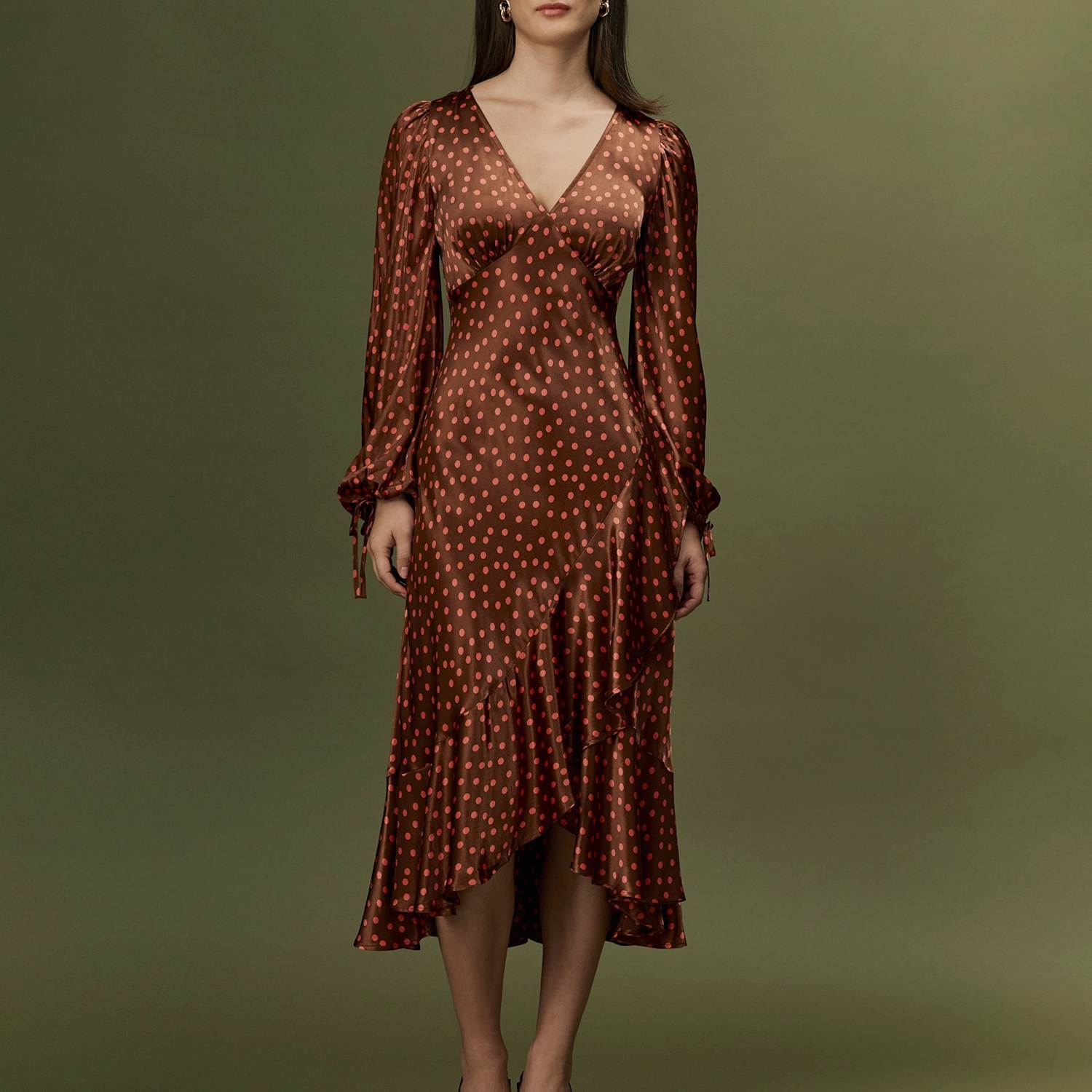 Ghost Women's Satin Polka Dot V Neck Frill Hem Midi Dress - 12 - Red Mix - Available at M&S