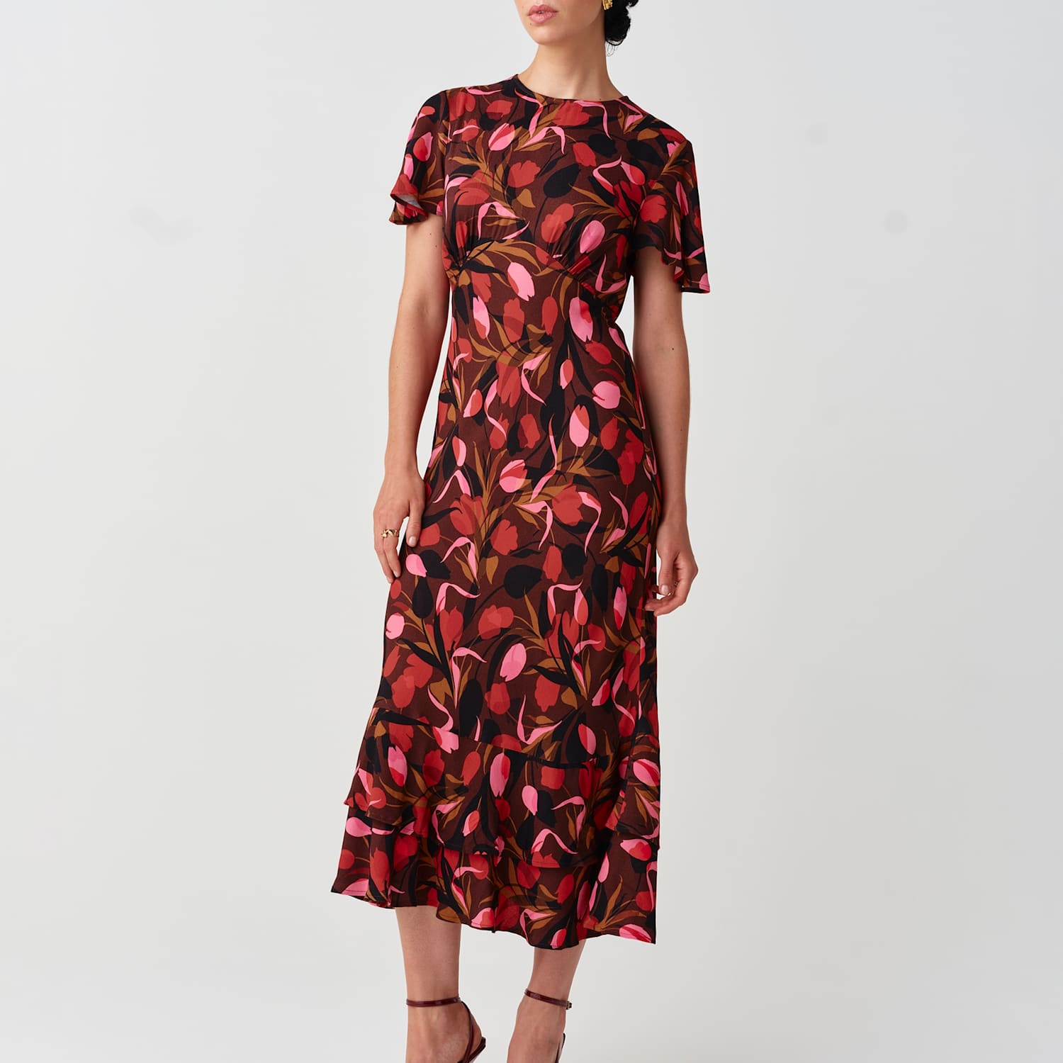 Ghost Women's Crepe Floral Angel Sleeve Midi Tiered Dress - 10 - Red Mix - Available at M&S