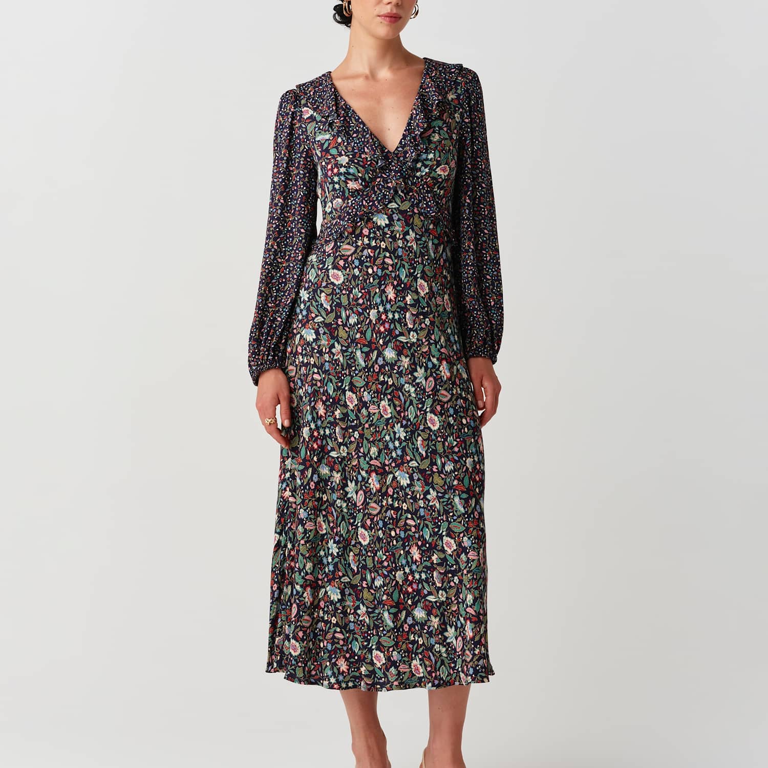 Ghost Women's Crepe Floral V Neck Frill Detail Midi Dress - 12 - Navy Mix - Available at M&S