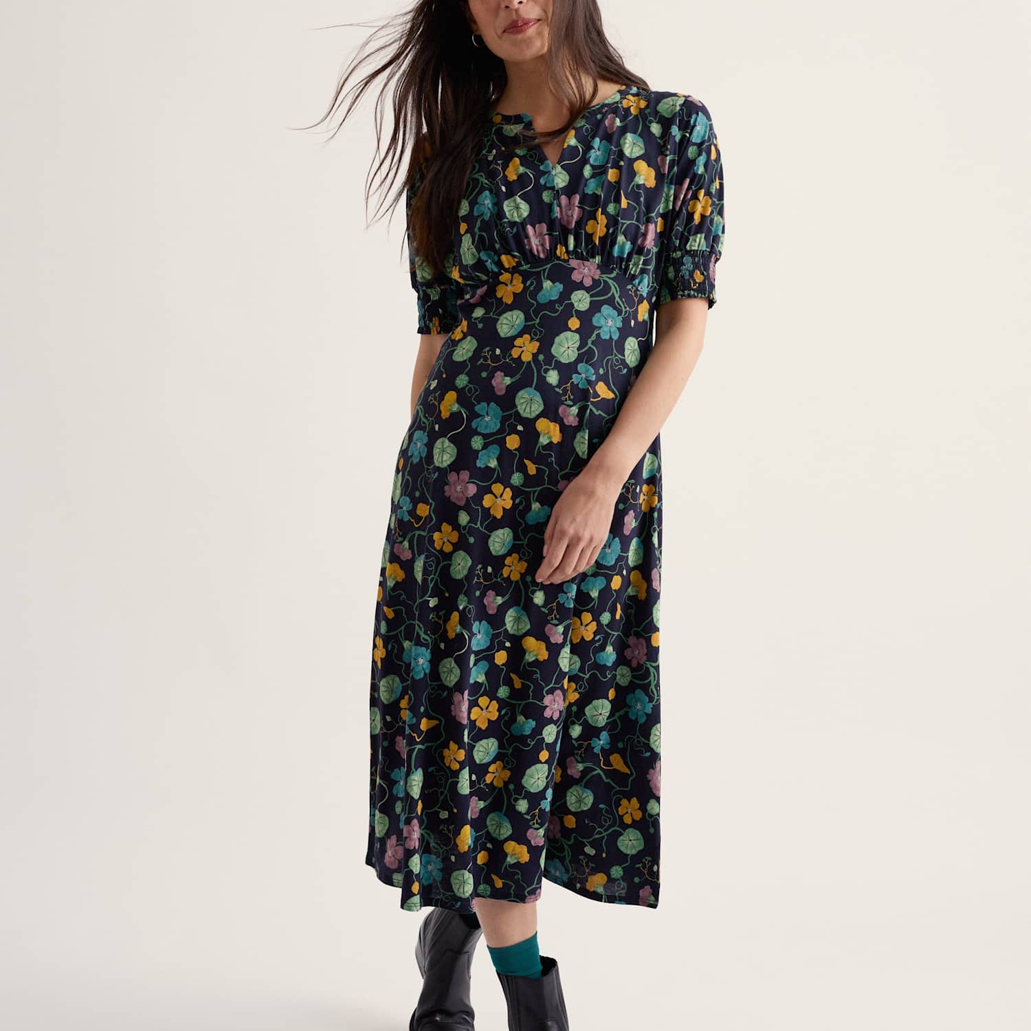 Seasalt Cornwall Women's Cotton Modal Floral Notch Neck Midi Tea Dress - 16 - Multi - Available at M&S