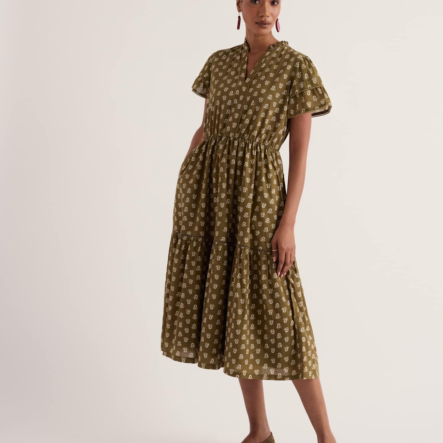 Seasalt Cornwall Women's Pure Cotton Floral Notch Neck Tiered Dress - 18 - Green Mix - Available at M&S
