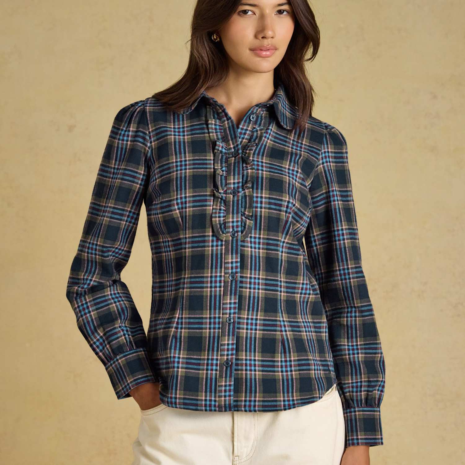 Joules Women's Pure Cotton Checked Peter Pan Collar Ruffle Shirt - 14 - Navy Mix - Available at M&S