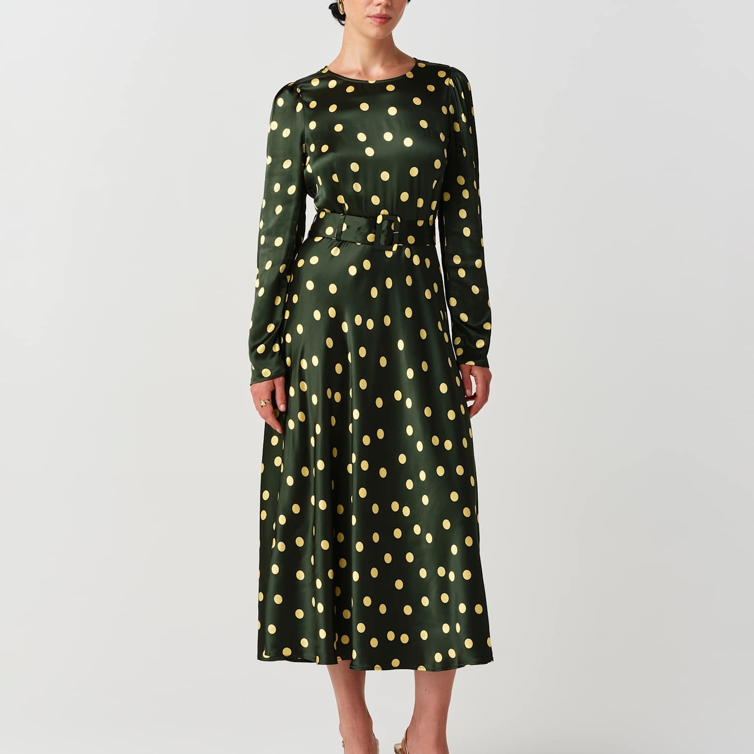 Ghost Women's Satin Polka Dot Belted Midi Column Dress - 10 - Green Mix - Available at M&S