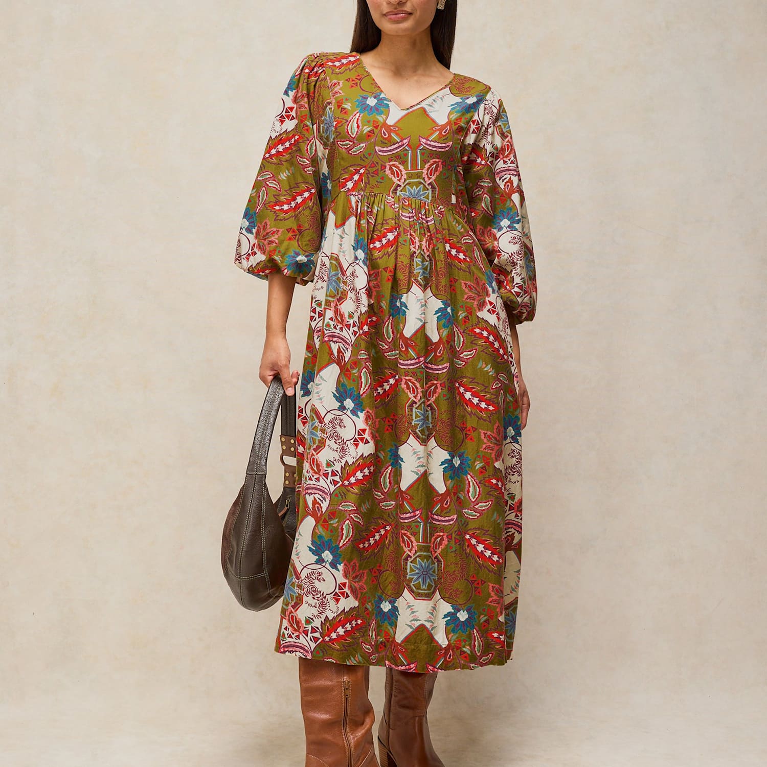 White Stuff Women's Matilda Printed V Neck Midi Tea Dress - 16 - Green Mix - Available at M&S