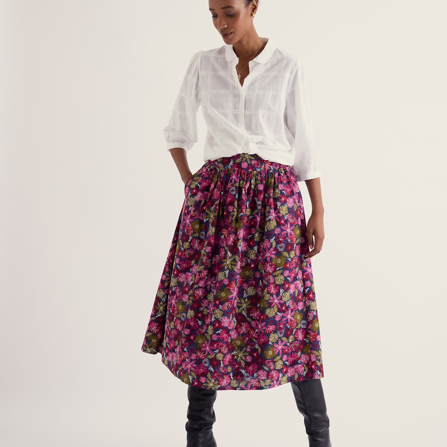 Seasalt Cornwall Women's Pure Cotton Floral Midi A-Line Skirt - 10 - Pink Mix - Available at M&S