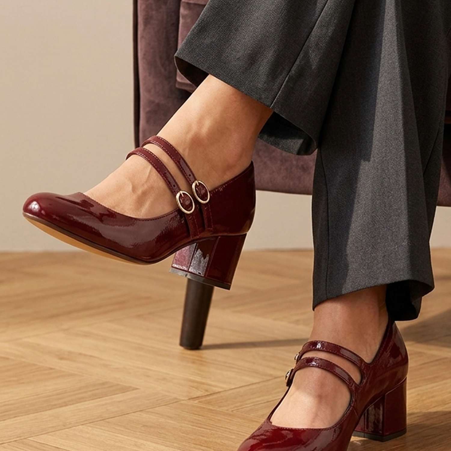 Jones Bootmaker Women's Leather Patent Block Heel Mary Jane Shoes - 6 - Burgundy - Available at M&S