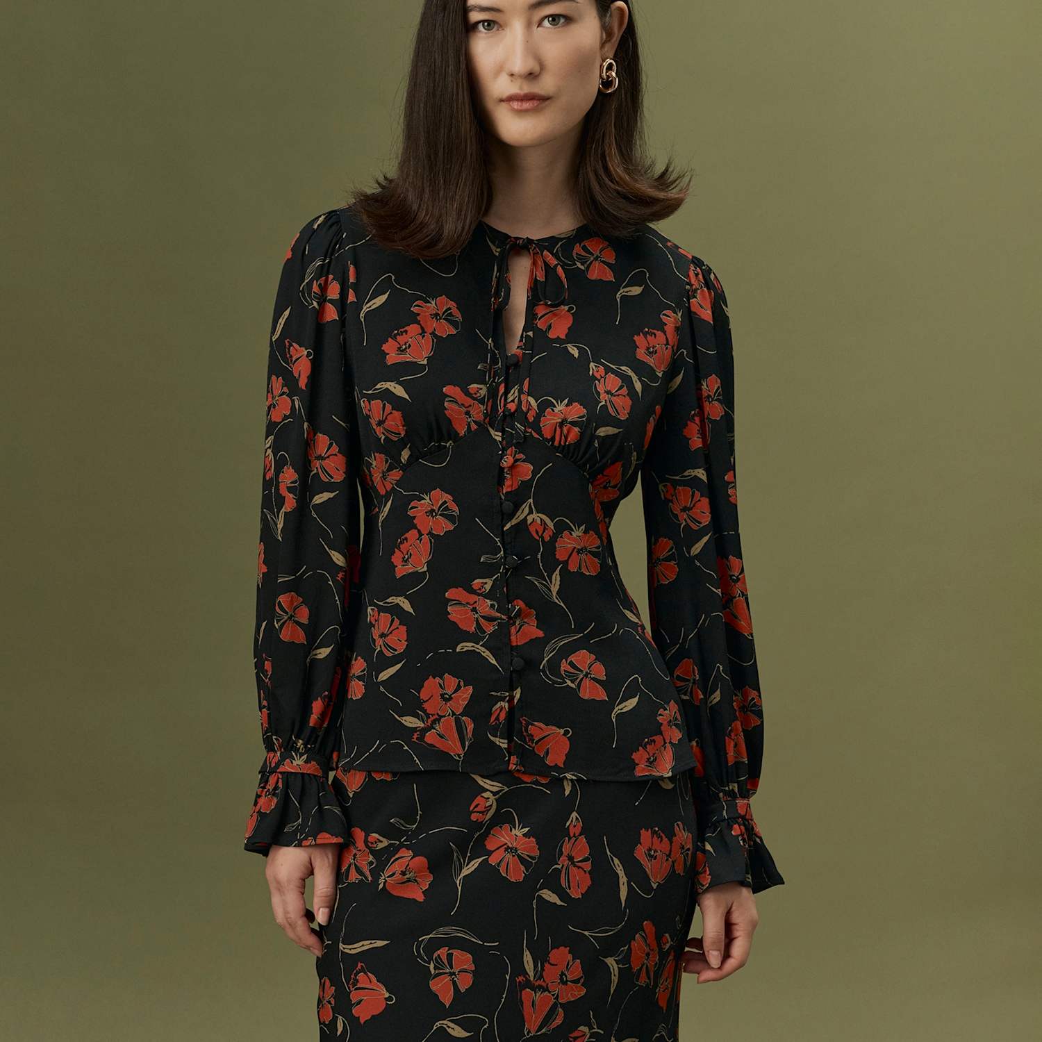 Ghost Women's Crepe Floral Tie Neck Button Through Blouse - 10 - Black Mix - Available at M&S