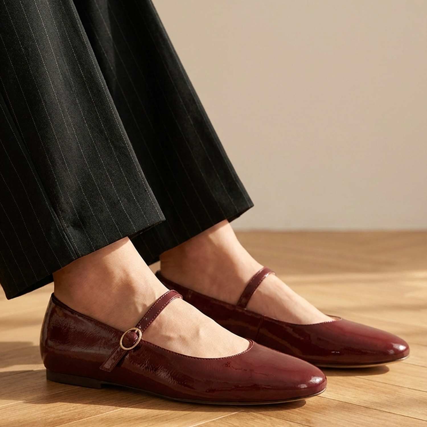 Jones Bootmaker Women's Wide Fit Leather Patent Mary Jane Ballet Pumps - 4 - Burgundy - Available at M&S