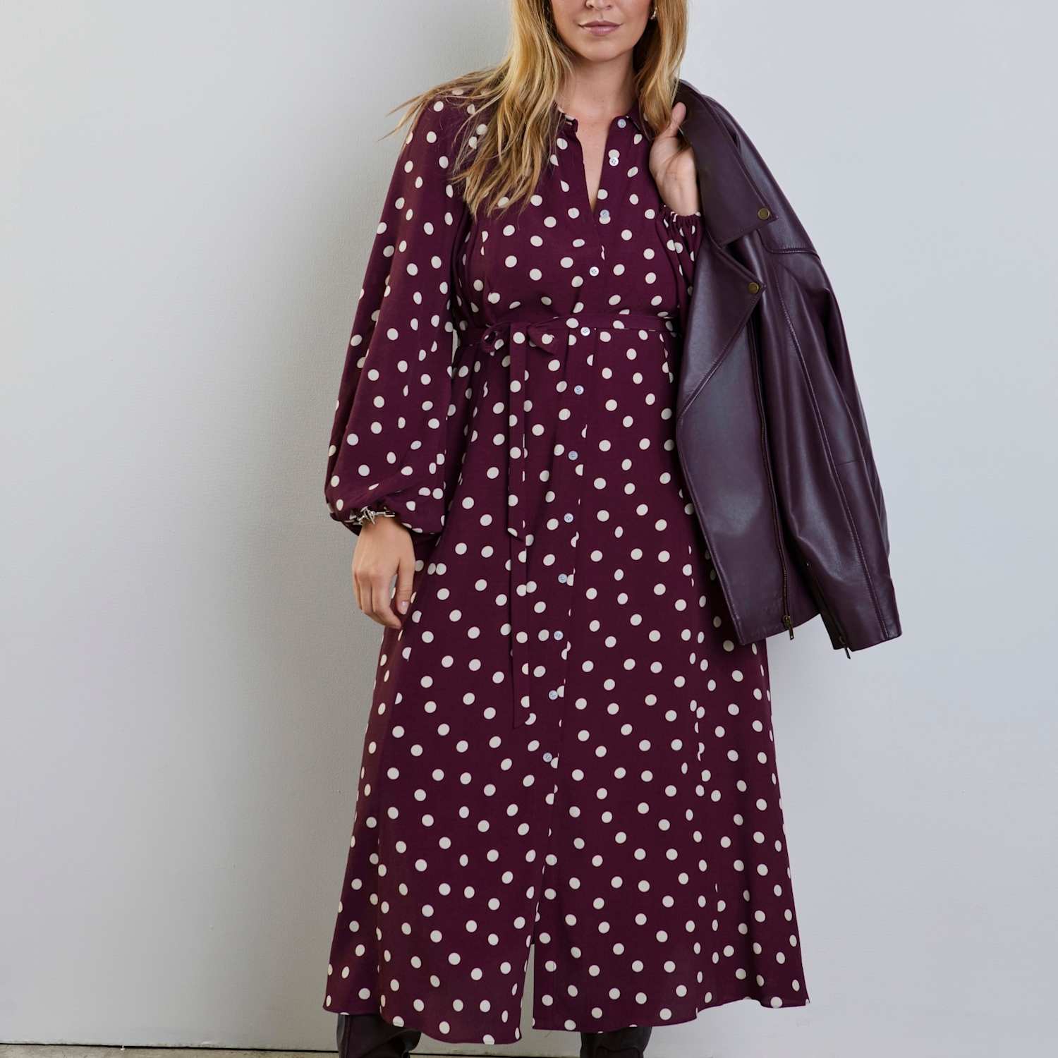 Live Unlimited London Women's Polka Dot Tie Waist Midaxi Shirt Dress - 18 - Burgundy - Available at M&S