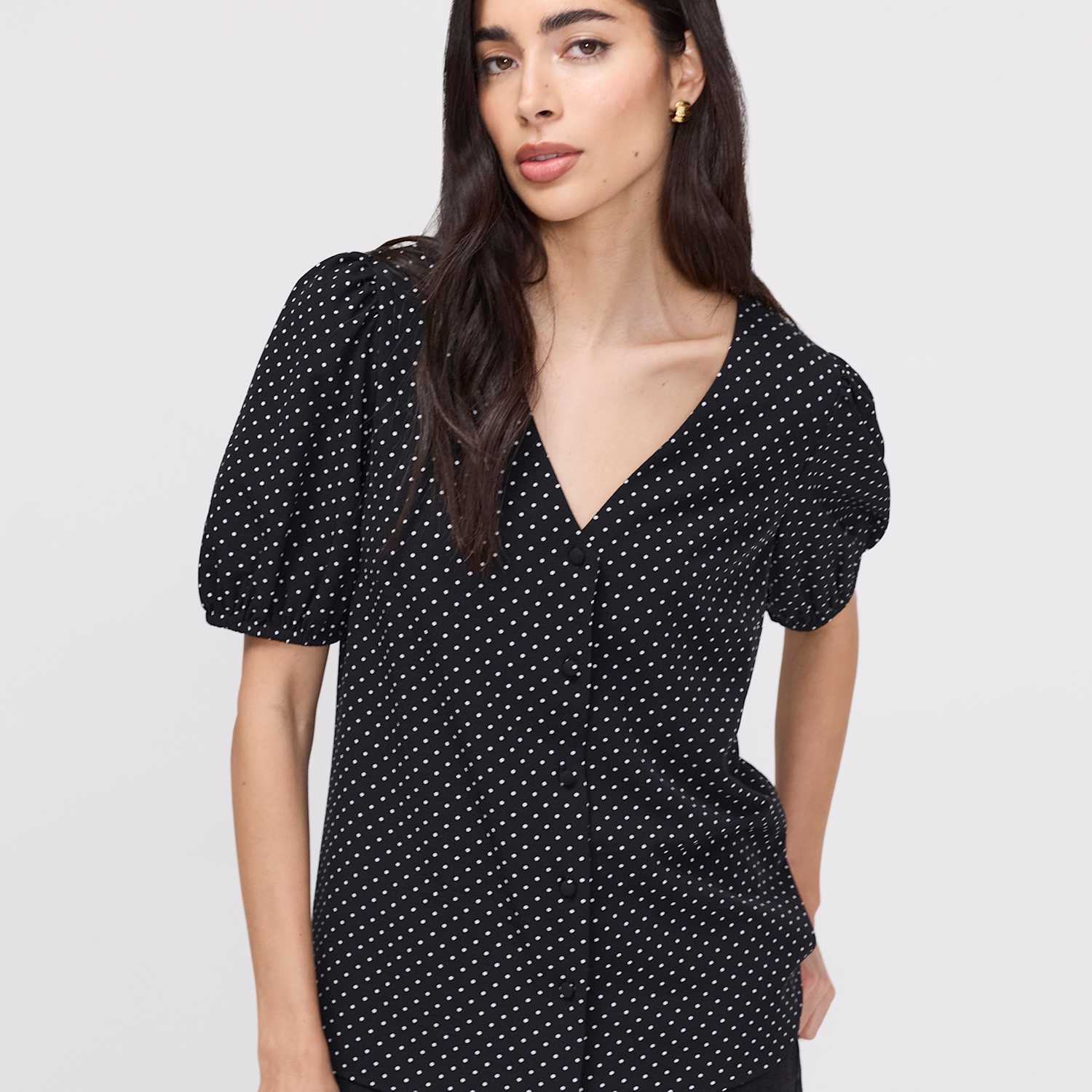 Finery London Women's Polka Dot Short Sleeve Button Through Top - 12 - Black Mix - Available at M&S