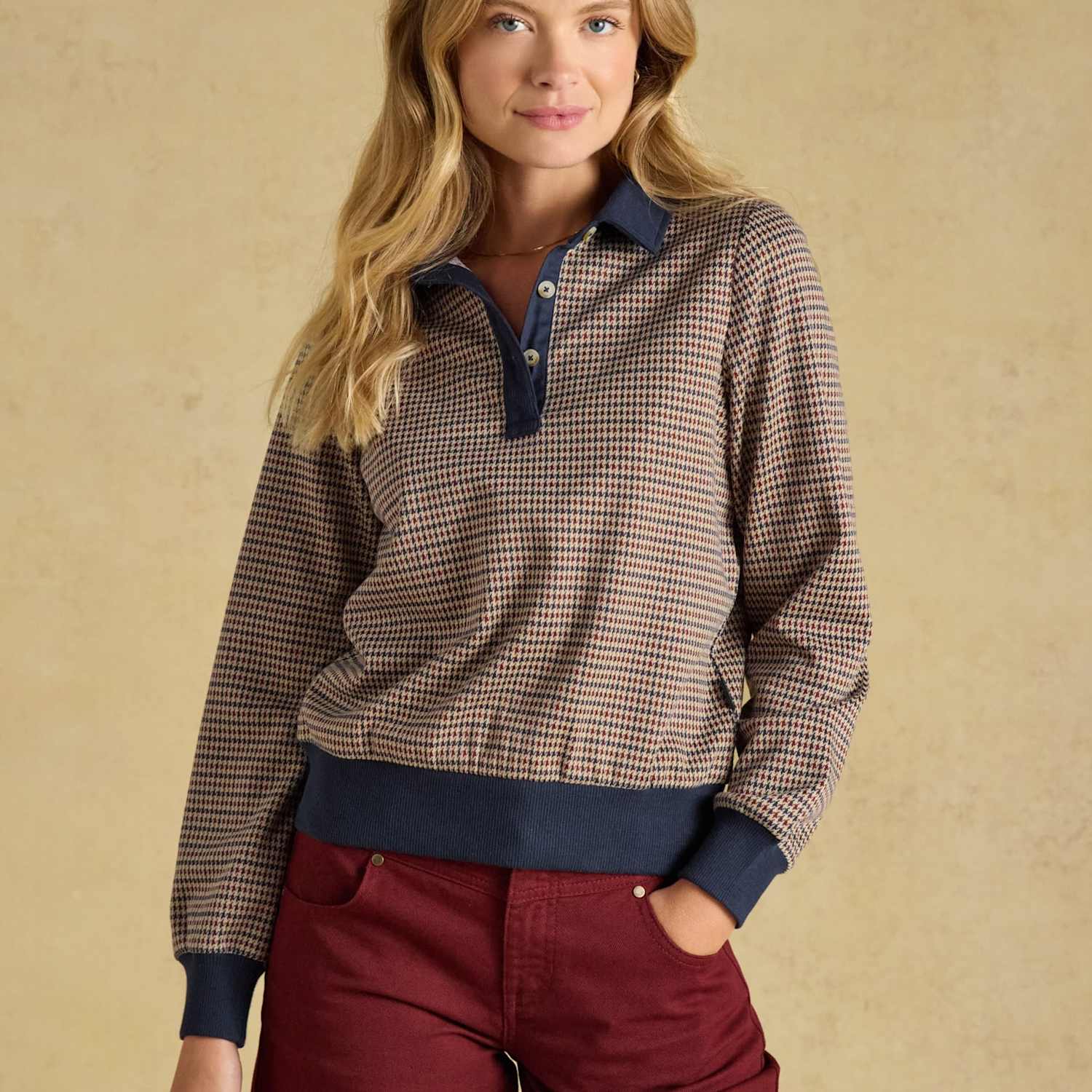 Joules Women's Jersey Houndstooth Collared Top - 12 - Navy Mix - Available at M&S