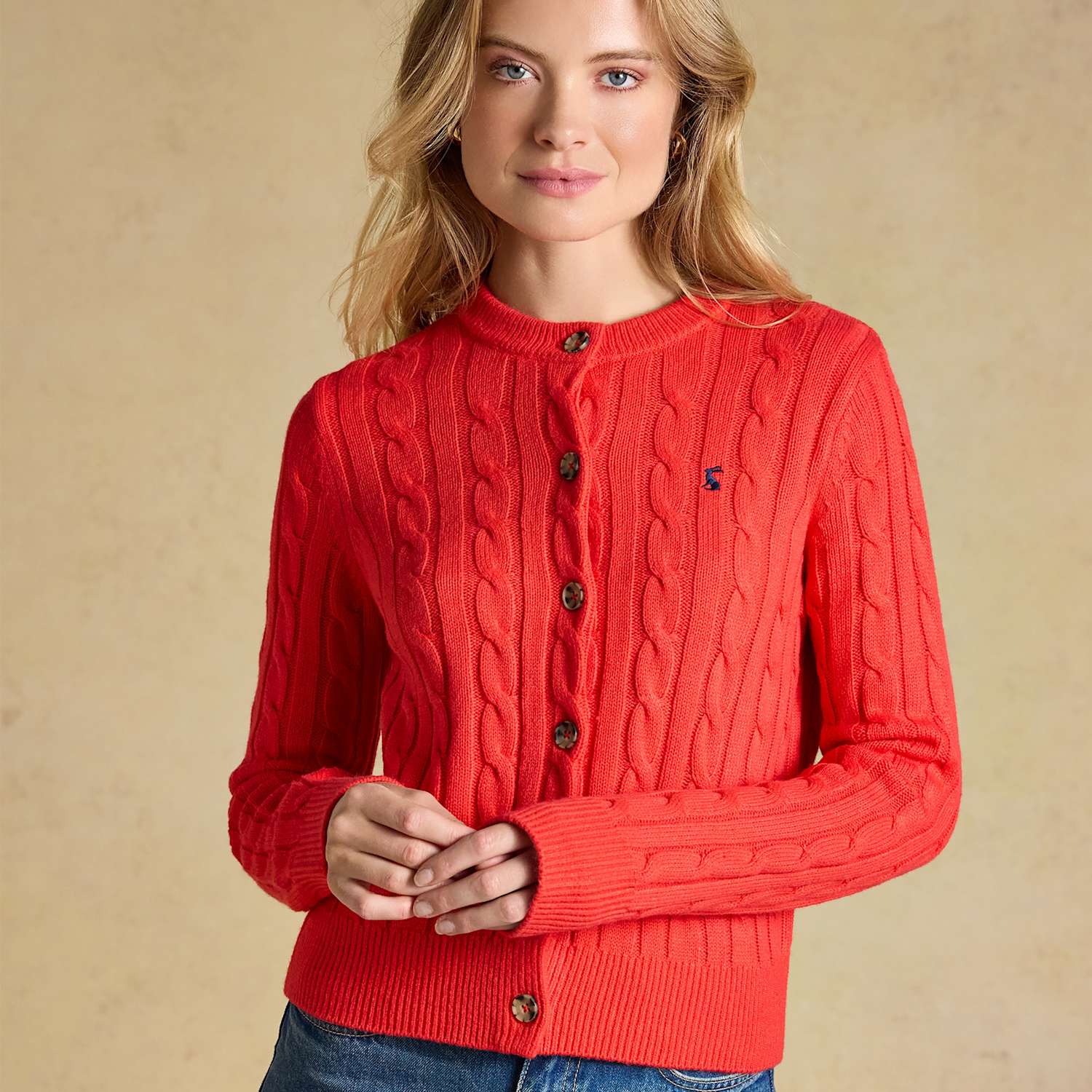 Joules Women's Cable Knit Button Up Cardigan with Wool - 16 - Red Mix - Available at M&S