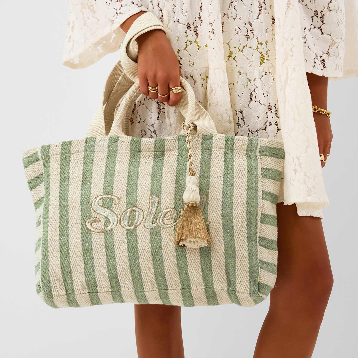 Accessorize Women's Slogan Striped Beach Tote Bag - Light Green - Available at M&S