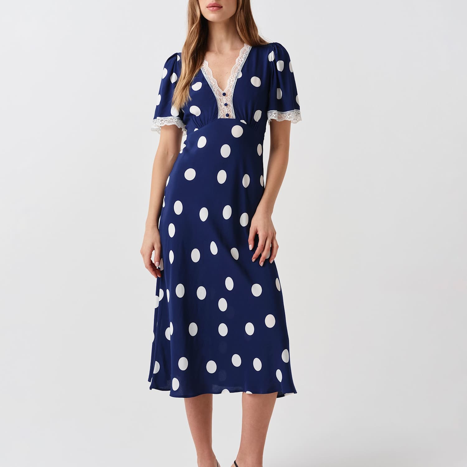 Ghost Women's Crepe Spot Lace V-Neck Midi Tea Dress - 16 - Navy Mix - Available at M&S