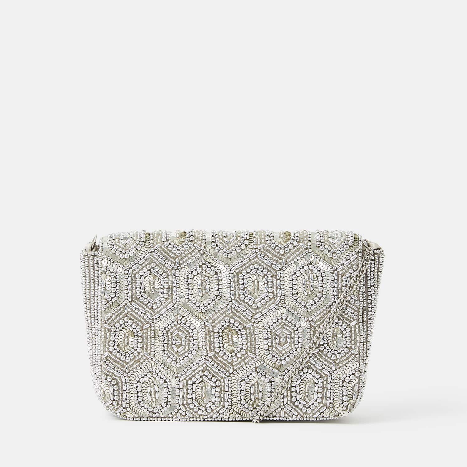 Accessorize Women's Geometric Beaded Chain Strap Clutch Bag - Silver - Available at M&S