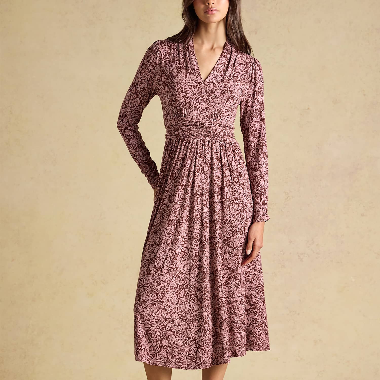 Joules Women's Jersey Floral V-Neck Midi Tea Dress - 10 - Brown Mix - Available at M&S