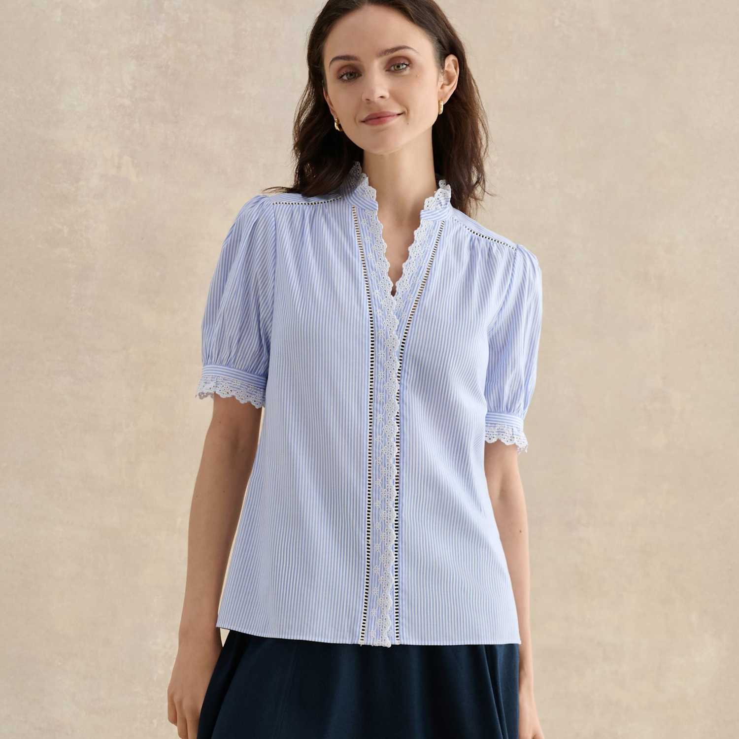 Hobbs Women's Cotton Blend Striped Broderie Detail Blouse - 16 - Blue Mix - Available at M&S