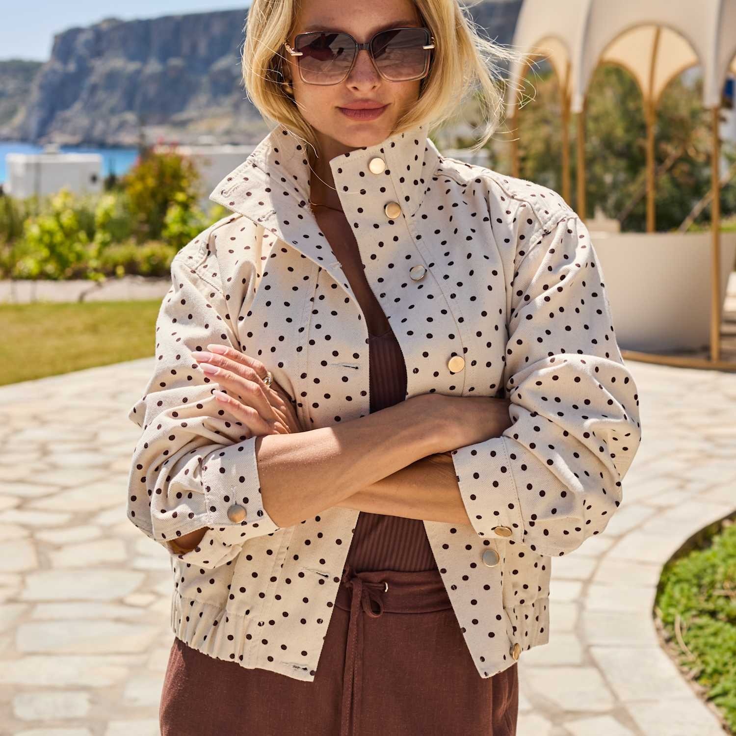 Sosandar Women's Denim Polka Dot Funnel Neck Jacket - 16 - Cream Mix - Available at M&S