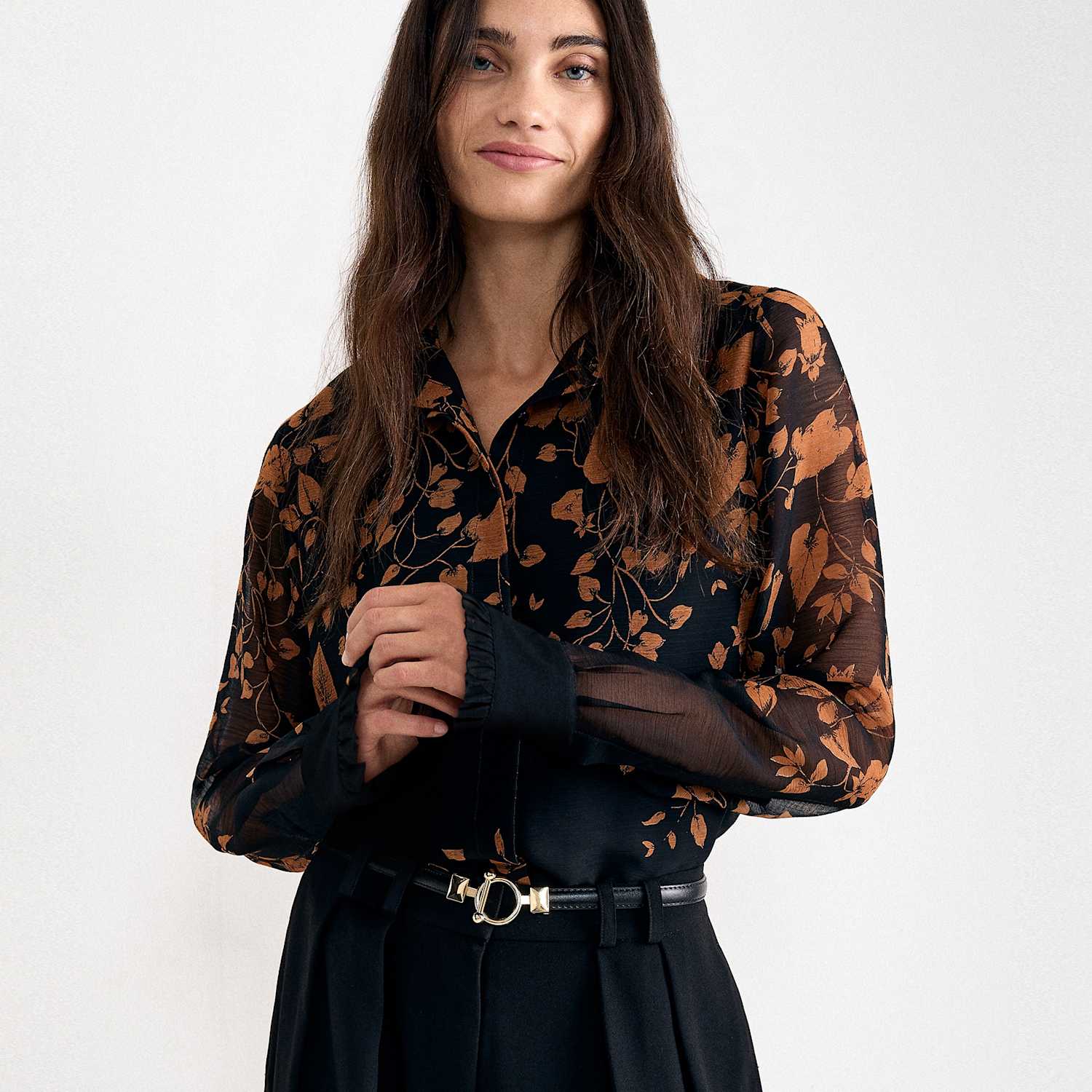 Phase Eight Women's Floral Collared Frill Sleeve Shirt - 14 - Black Mix - Available at M&S