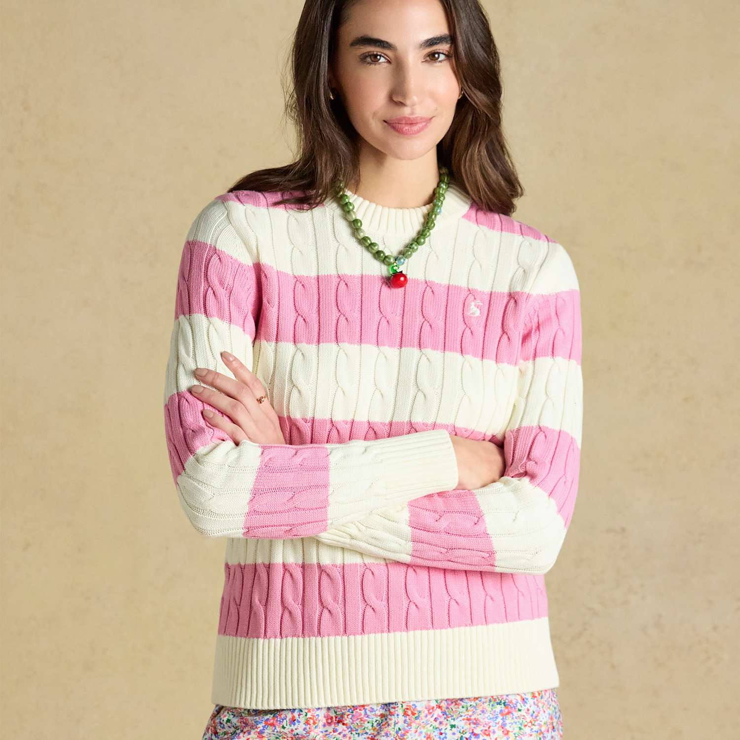 Joules Women's Pure Cotton Striped Cable KnitJumper - 14 - Pink Mix - Available at M&S