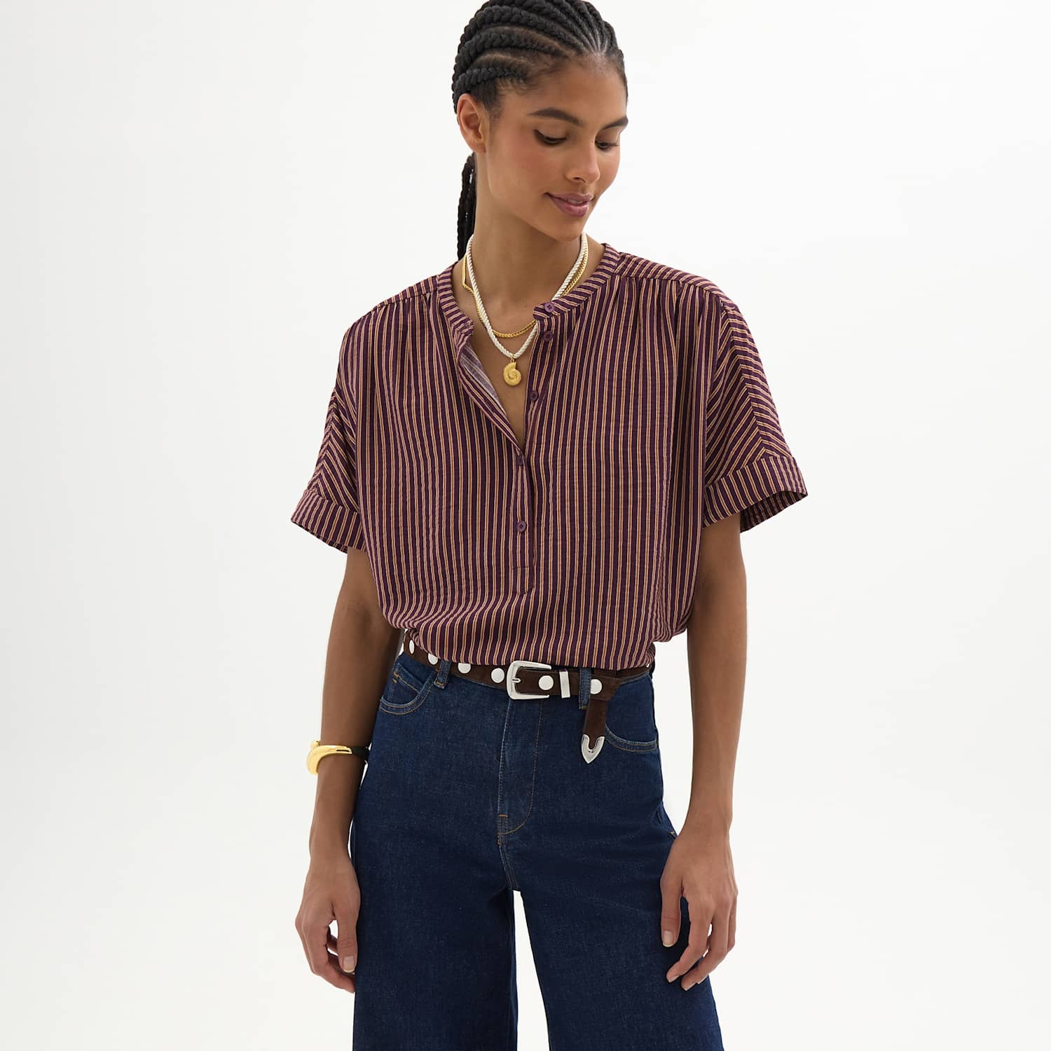 Hush Women's Striped Crew Neck Button Front Blouse - Medium - Red Mix - Available at M&S