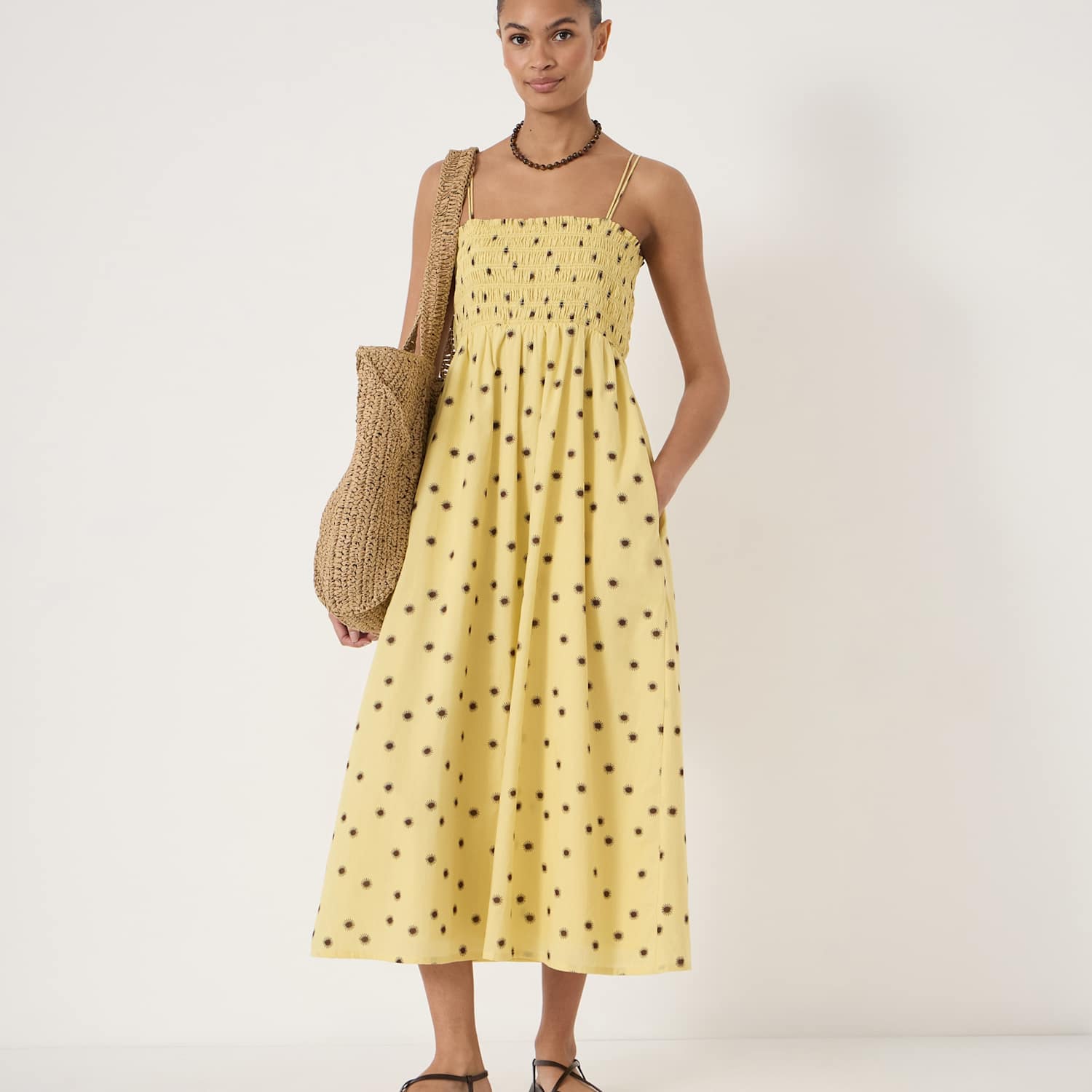 Hush Women's Pure Cotton Printed Square Neck Midaxi Dress - Medium-Large - Yellow Mix - Available at M&S