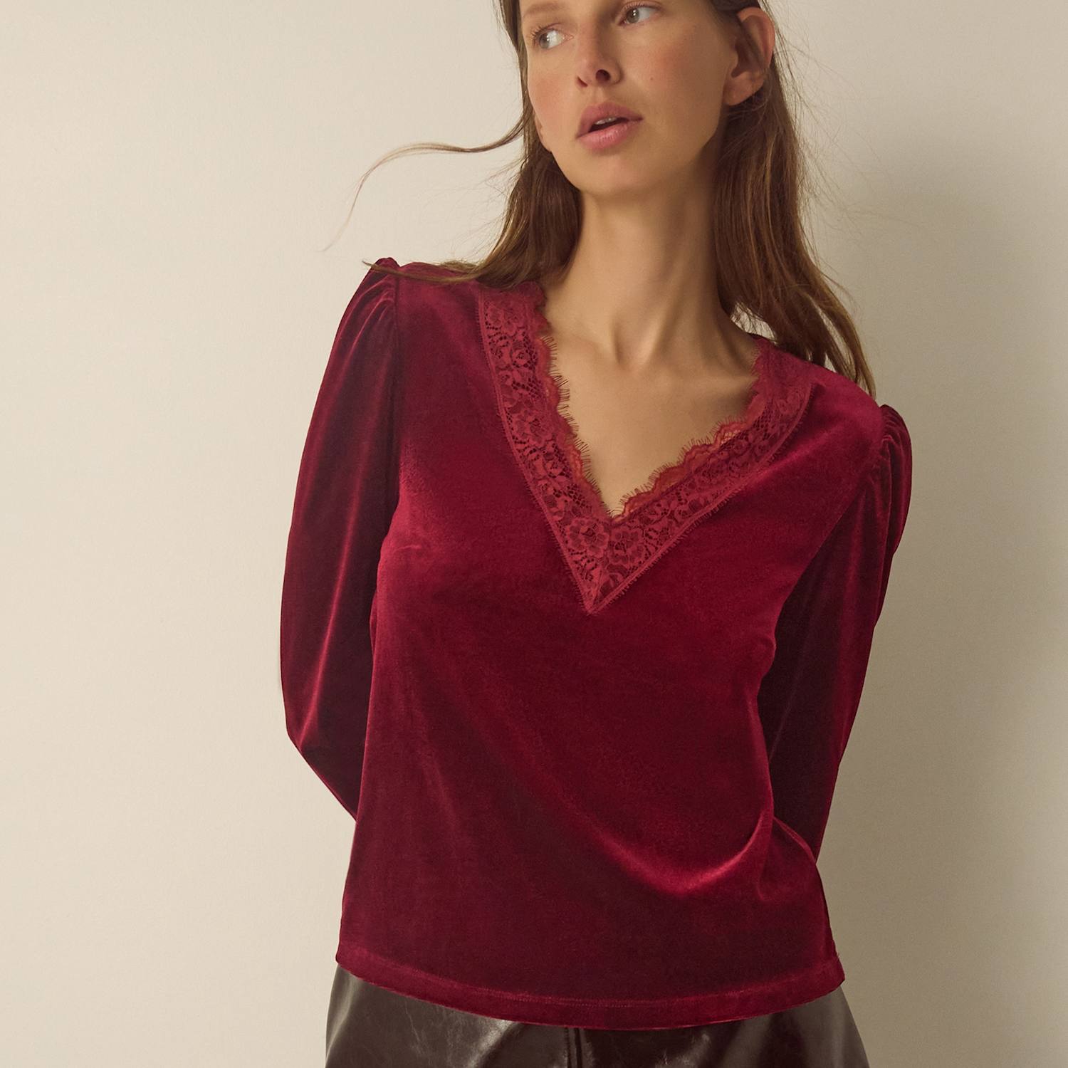 Monsoon Women's Velvet Lace V Neck Top - Small - Burgundy - Available at M&S
