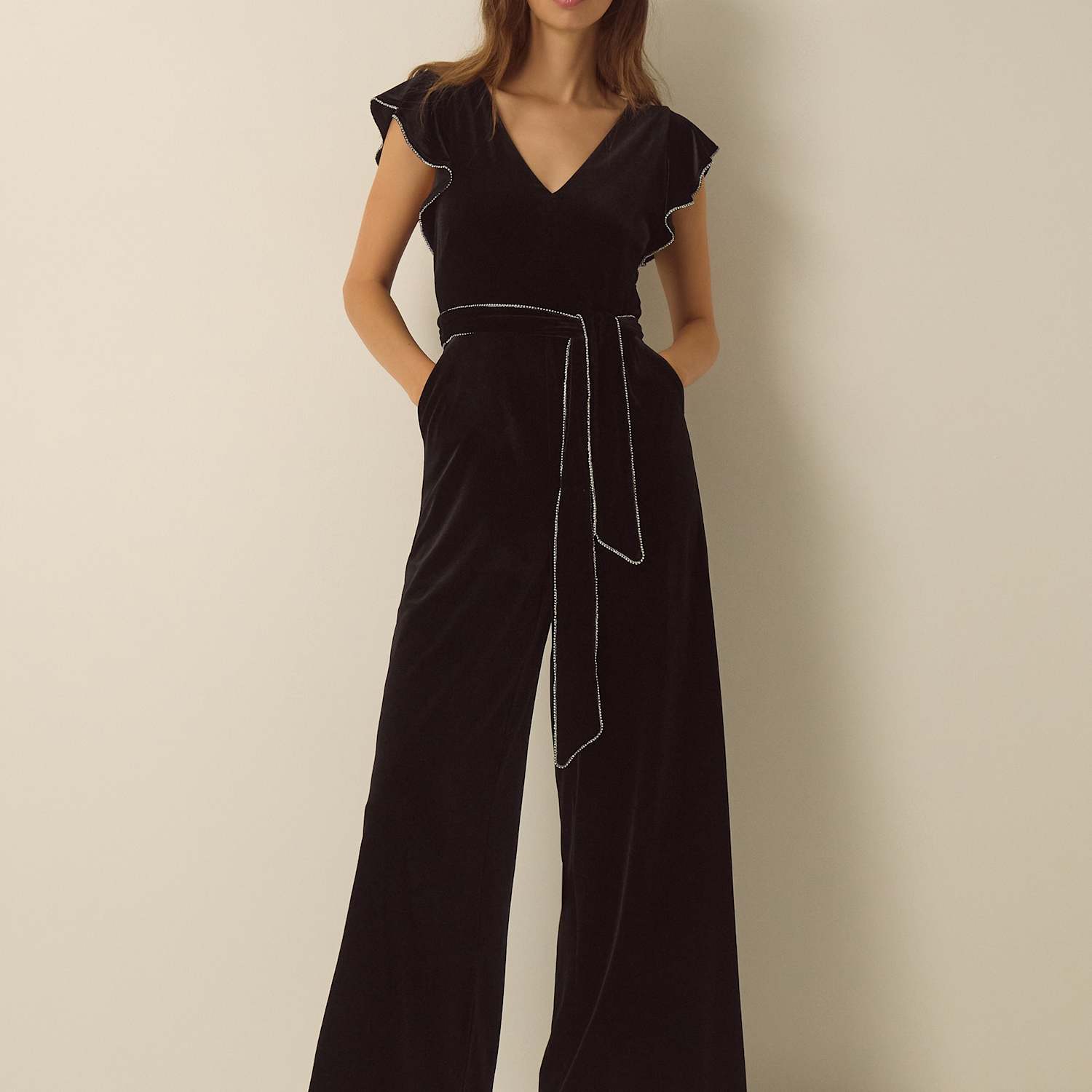 Monsoon Women's Velvet V Neck Jumpsuit - 14 - Black - Available at M&S
