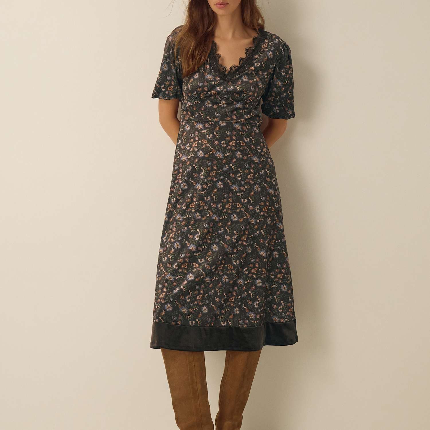 Monsoon Women's Velvet Printed V Neck Midi Tea Dress - XX Large - Brown Mix - Available at M&S