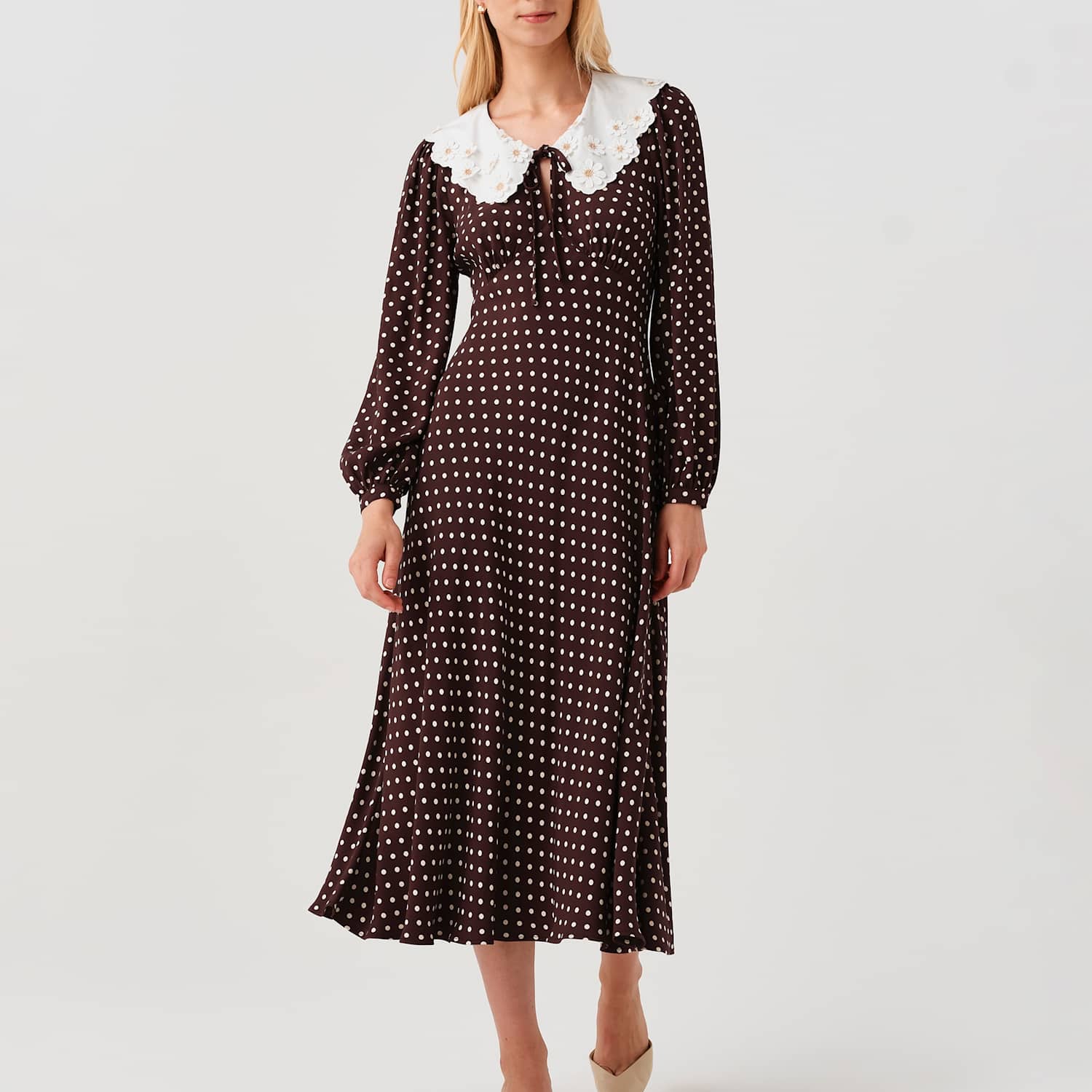 Ghost Women's Crepe Polka Dot Midi Waisted Dress - 10 - Brown Mix - Available at M&S
